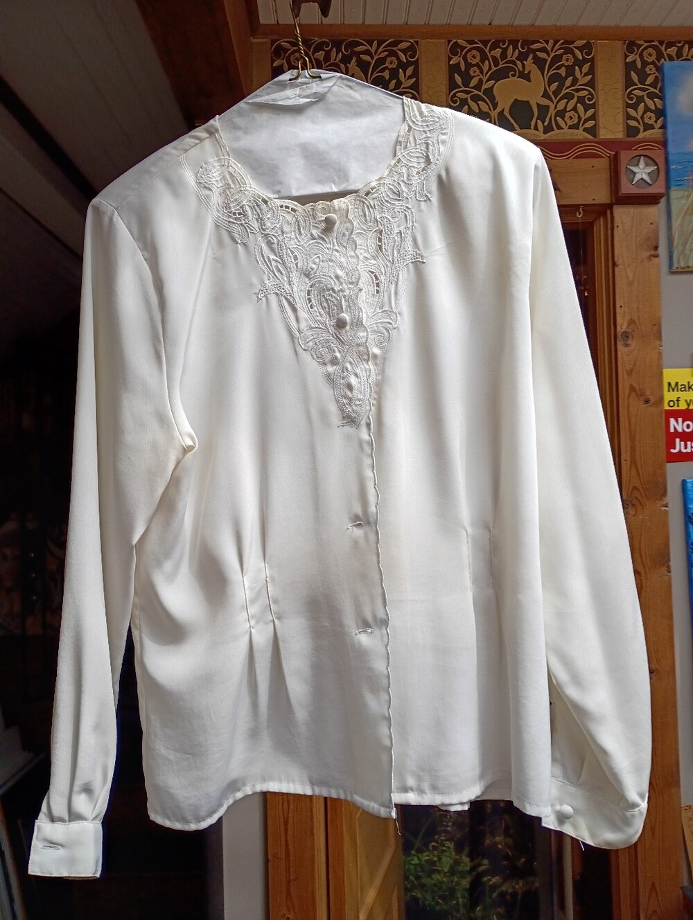 Women's Cream Button-Down Blouse with Lace Yoke